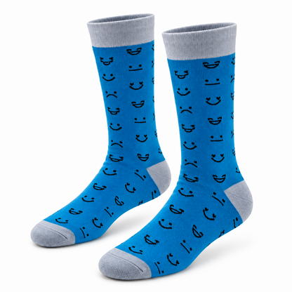 AI-productbeeld: Prader-Willi Nederland - Emoji sokken blauw als los paar